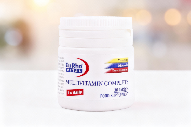 قرص مولتی ویتامین کامپلیت یوروویتال روی سطح سفید با پس‌ زمینه محو